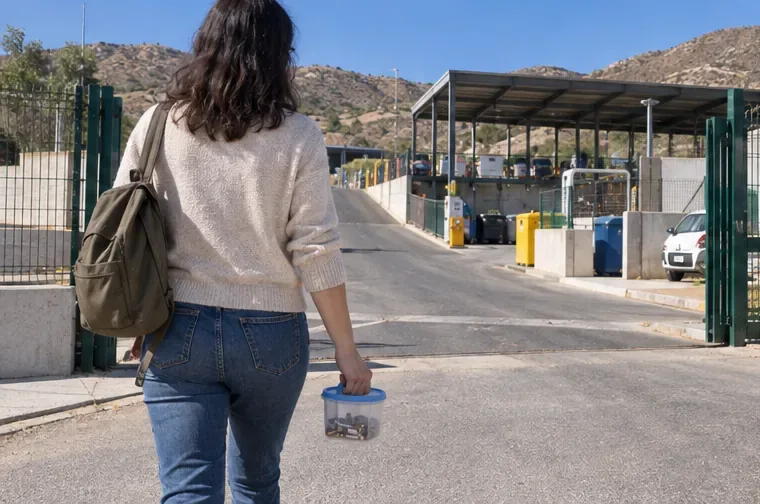 Una vecina lleva un recipiente pequeño con pilas domésticas hacia una instalación municipal de recogida selectiva