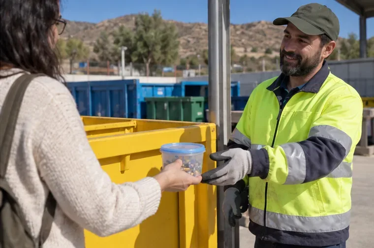 Una trabajadora de un punto limpio recibe un recipiente con pilas domésticas de una vecina