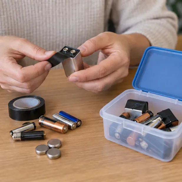 Una mano cubre con cinta los terminales de una pila de 9 V mientras varias pilas quedan apartadas