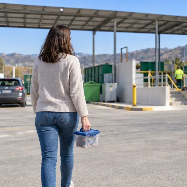 Una persona lleva un recipiente cerrado hacia una instalación municipal de recogida de residuos