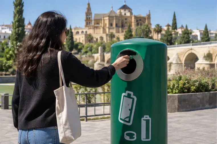 Persona depositando una pila en un recipiente específico de recogida selectiva en un entorno urbano.