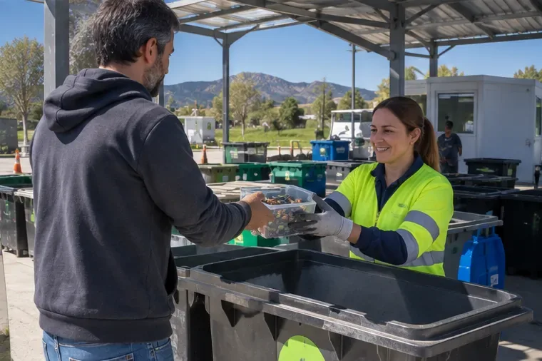 Entrega de un recipiente con pilas usadas a personal de una instalación de recogida de residuos.