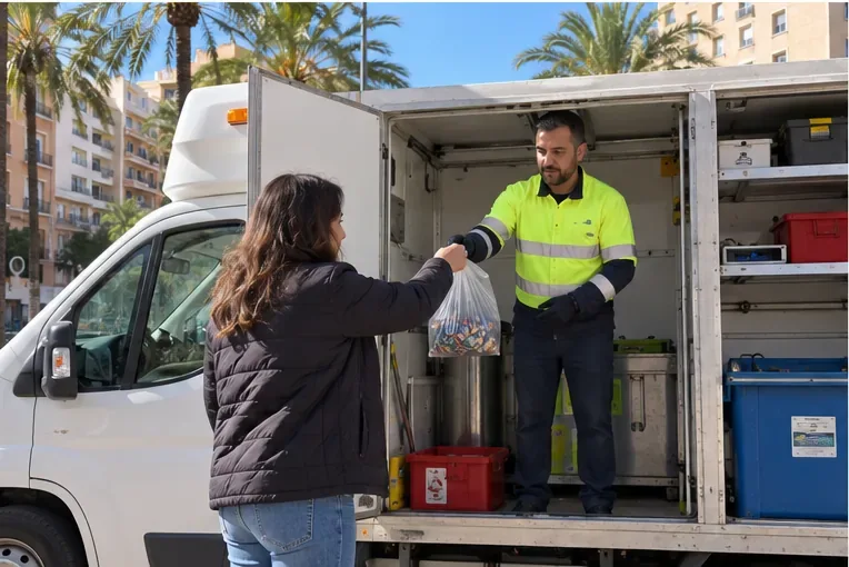 Una persona entrega una bolsa con pilas usadas a un operario junto a un vehículo de recogida móvil