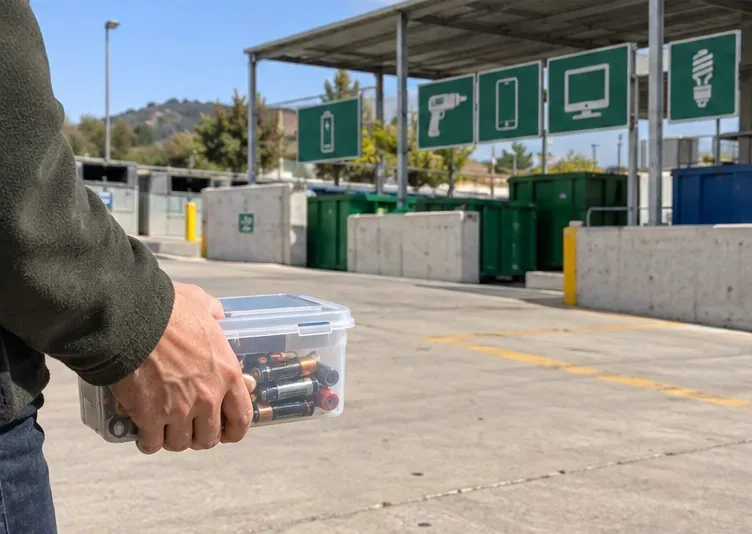 Una persona lleva un recipiente de pilas domésticas hacia una instalación municipal de reciclaje.