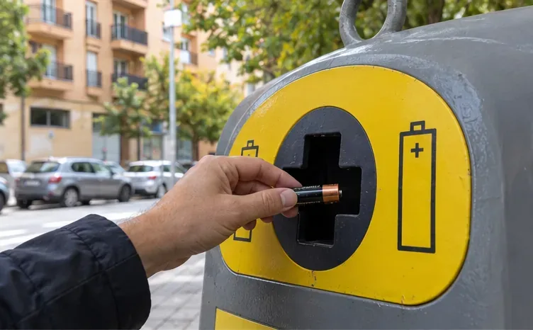 Una mano deposita una pila AA en la abertura para pilas de un punto de recogida urbano.