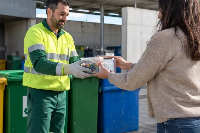 Un operario de una instalación de residuos recibe de una usuaria un recipiente con pilas usadas junto a contenedores de recogida separada
