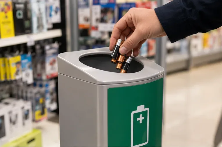 Una mano deposita pilas AA y AAA usadas en un contenedor específico para pilas dentro de un establecimiento comercial