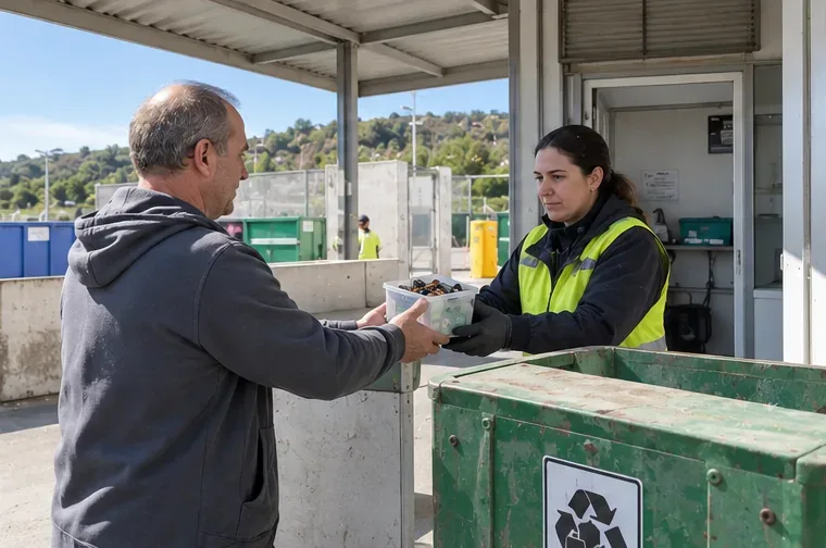 Personal de un punto limpio recibiendo de un vecino un recipiente con pilas usadas