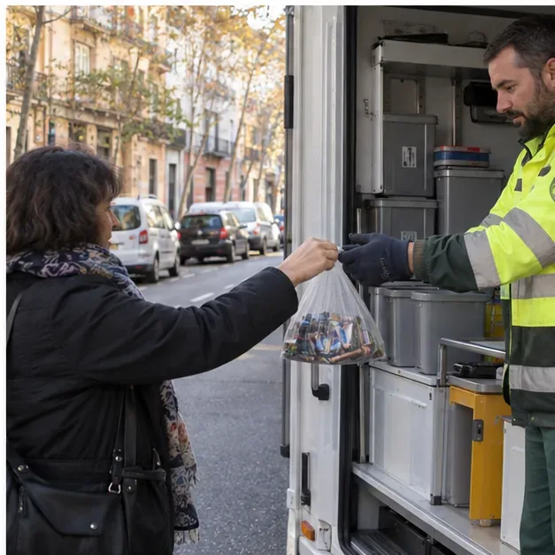 Una vecina entrega una bolsa pequeña de pilas domésticas a personal de un punto limpio móvil