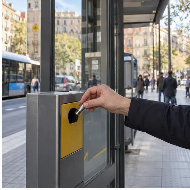 Una mano introduce una pila usada en un recipiente específico instalado en una marquesina urbana