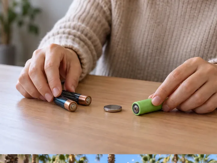 Una persona clasifica en una mesa dos pilas cilíndricas, una pila de botón y una batería recargable pequeña.