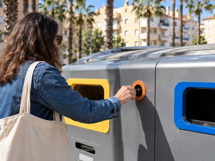 Una mujer introduce una pila pequeña en la abertura de un punto limpio de proximidad instalado en una calle de Málaga.