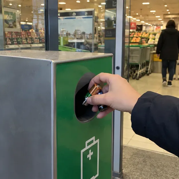 Una mano introduce pilas usadas en una abertura de recogida selectiva situada en una tienda