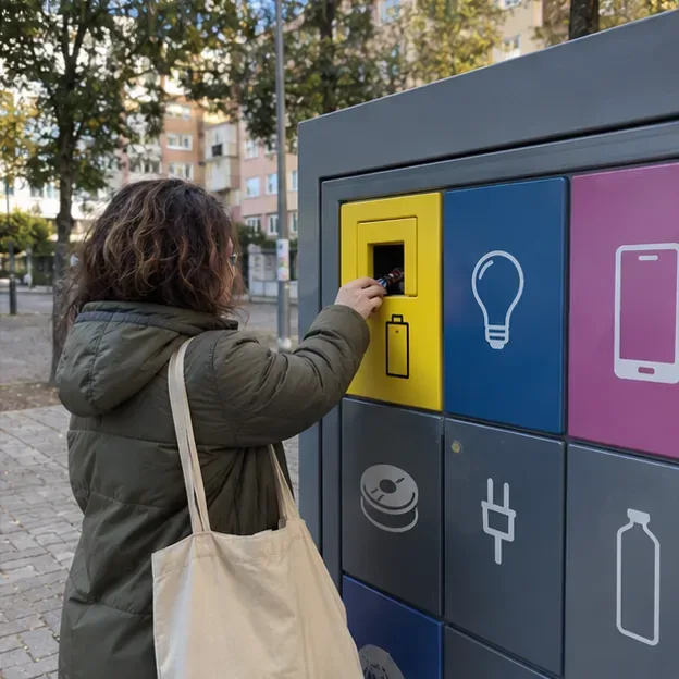 Una vecina deposita una pila en el compartimento amarillo de un ecopunto con varias bocas diferenciadas