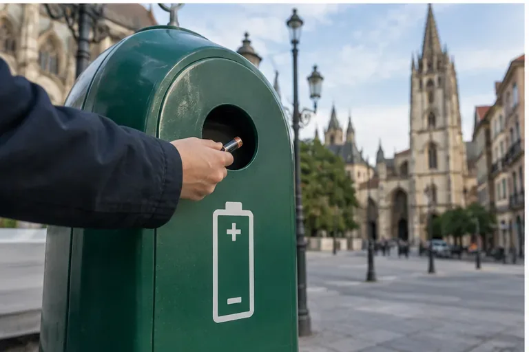 Una persona utiliza un contenedor específico para baterías en un entorno urbano
