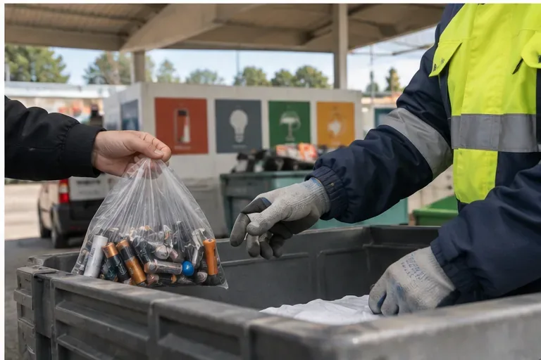 Entrega de una bolsa con pilas usadas a personal de una instalación de gestión de residuos