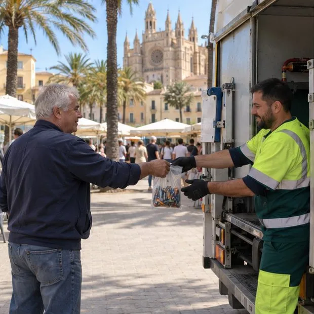Un residente entrega una bolsa transparente con pilas a un trabajador junto a un camión municipal de recogida selectiva.