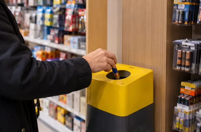 Una persona deposita una pila usada en un contenedor de recogida situado dentro de una tienda