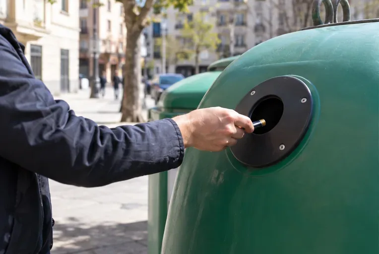 Una persona acerca una pila a una abertura específica de recogida instalada en un contenedor urbano verde