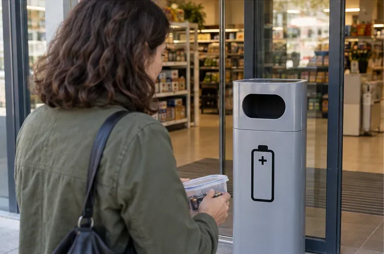 Un recipiente específico con el símbolo de una batería junto a una persona que lleva una caja de pilas