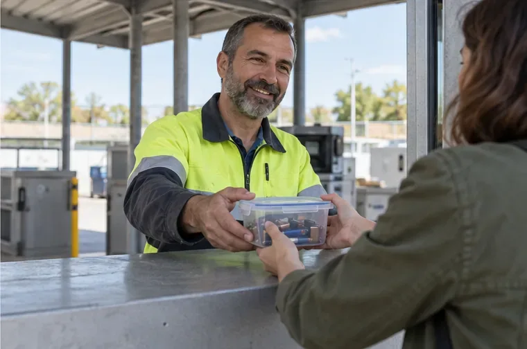 Un trabajador de una instalación municipal recibe una caja con pilas de una vecina