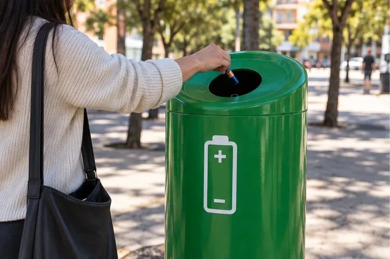 Persona depositando una pila doméstica en un contenedor verde identificado con un símbolo de batería