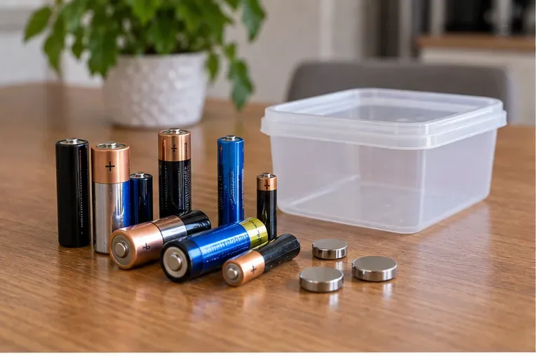 Varias pilas domésticas cilíndricas y de botón colocadas sobre una mesa junto a un recipiente para guardarlas temporalmente