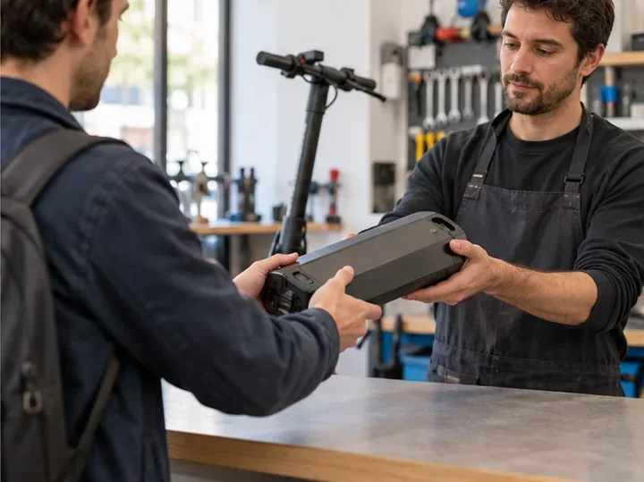 Un técnico recibe una batería grande de patinete eléctrico en un taller de reparación