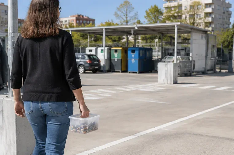 Una persona camina hacia una instalación de recogida de residuos llevando un recipiente con pilas domésticas usadas.