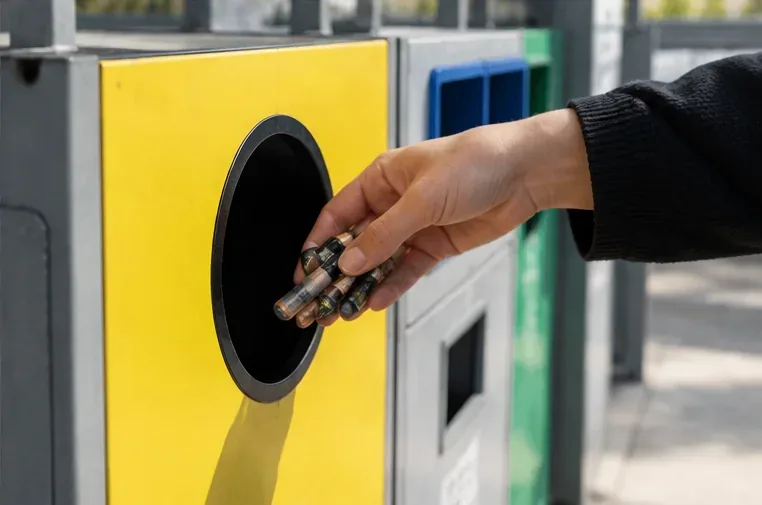 Una mano introduce varias pilas domésticas en la abertura de un contenedor específico de recogida.