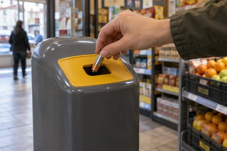 Una mano deposita una pila cilíndrica en la abertura de un contenedor de recogida situado en un comercio.