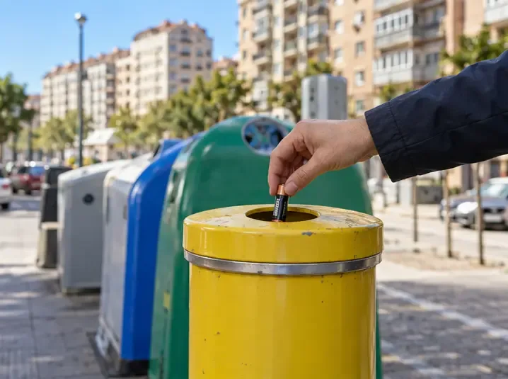 Una persona deposita una pila AA usada en un colector amarillo para pilas junto a otros contenedores de reciclaje