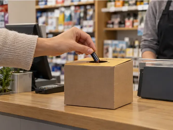 Una persona deposita una pila doméstica en una pequeña caja colectora de sobremesa en un comercio