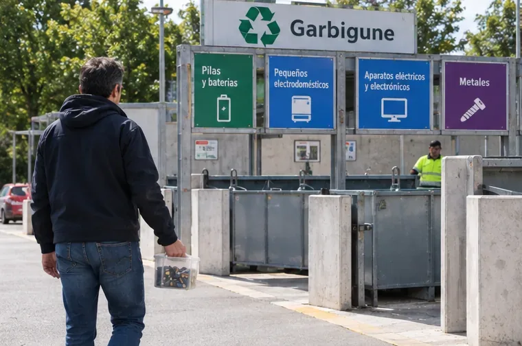 Una persona llega a un punto limpio Garbigune con un recipiente de pilas usadas para entregarlas en la zona correspondiente