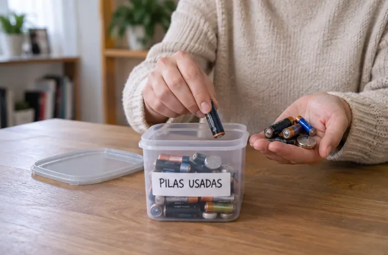 Una persona reúne pilas usadas en un recipiente separado dentro de casa antes de llevarlas a un punto de recogida