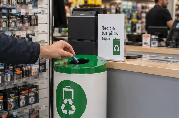 Una mano deposita una pila en un contenedor específico de recogida situado dentro de un comercio