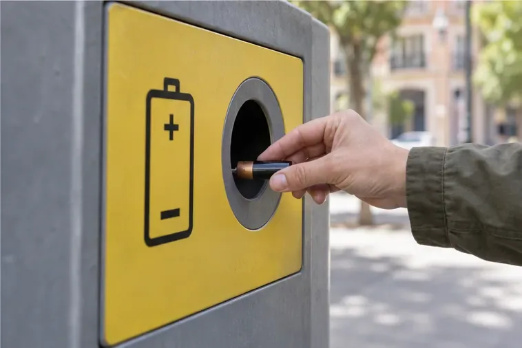 Una mano introduce una pila cilíndrica por una abertura de recogida identificada con el símbolo de una pila.