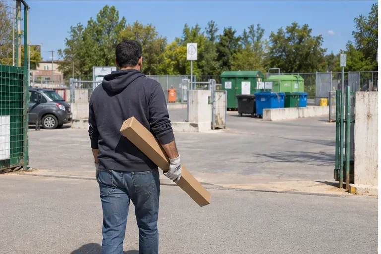 Persona llega a una instalación de punto limpio llevando tubos fluorescentes protegidos dentro de cajas de cartón