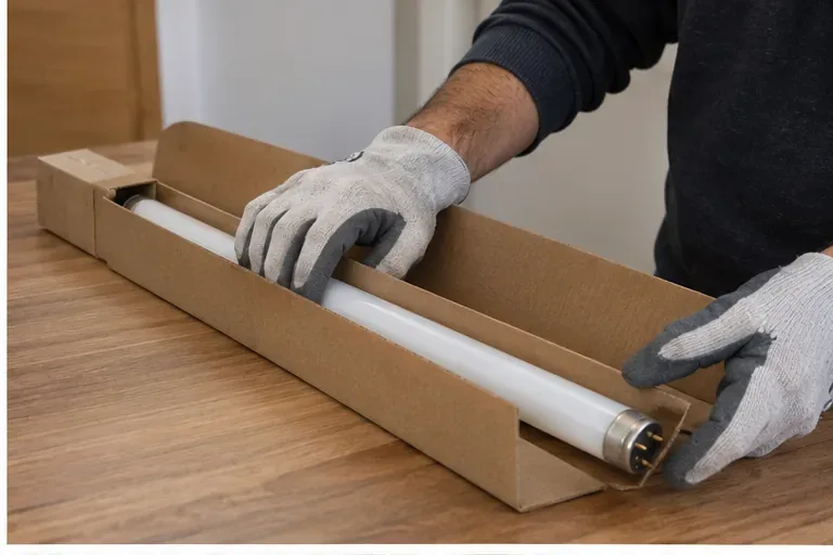 Manos con guantes colocan un tubo fluorescente intacto dentro de una caja alargada de cartón
