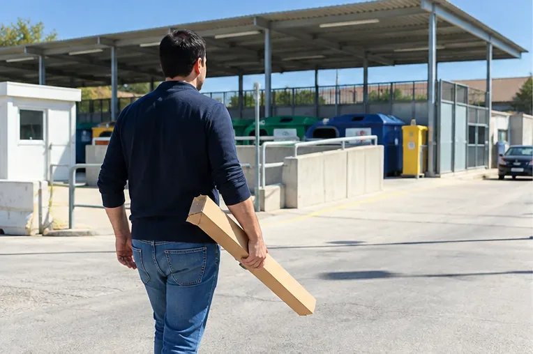 Persona caminando hacia una instalación de recogida de residuos llevando un tubo fluorescente protegido en una caja de cartón