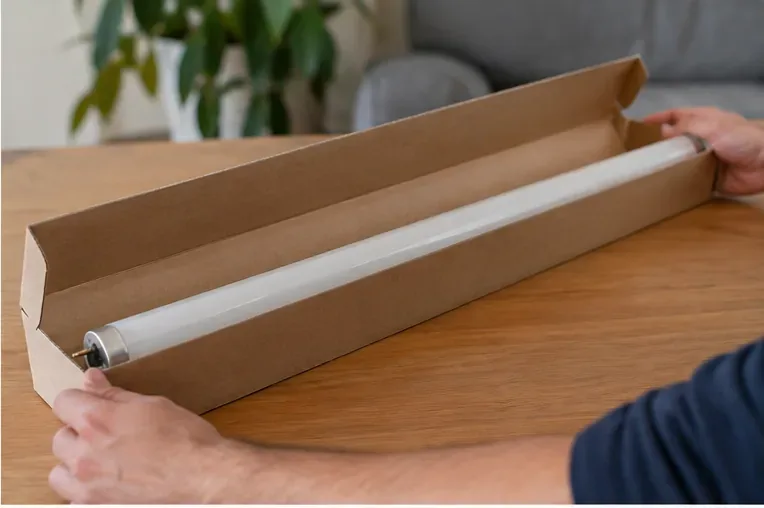 Tubo fluorescente entero colocado dentro de una caja alargada de cartón sobre una mesa