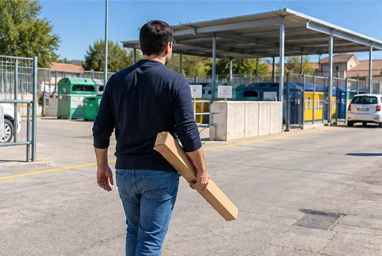 Persona caminando hacia una instalación de recogida de residuos con tubos protegidos en cajas de cartón largas
