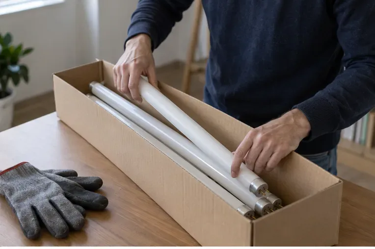 Varios tubos fluorescentes intactos colocados horizontalmente dentro de una caja de cartón para transportarlos.