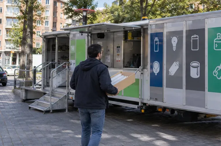 Una persona se acerca a un punto móvil de recogida con una caja que contiene tubos fluorescentes protegidos.
