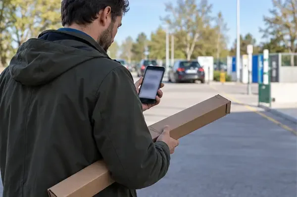Una persona lleva una caja alargada y consulta el teléfono antes de acudir a un punto de recogida.