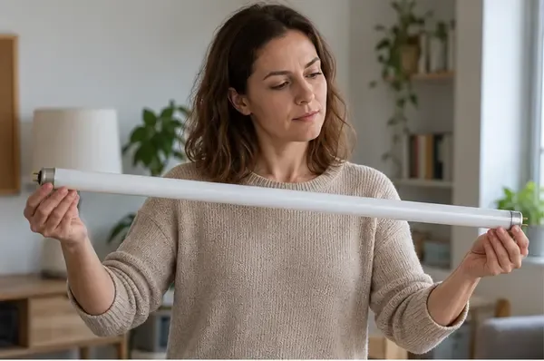 Una persona sostiene horizontalmente un tubo fluorescente intacto por sus dos extremos para comprobar que no está roto.