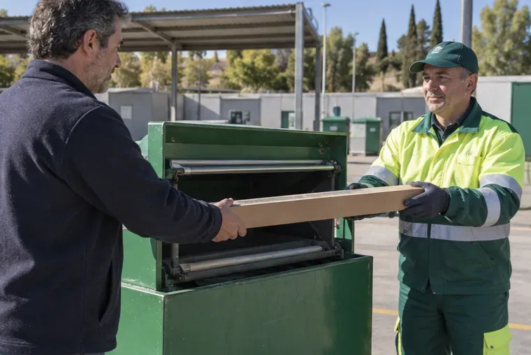 Una persona entrega un tubo fluorescente protegido a un empleado de un punto limpio municipal.