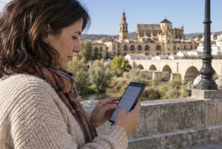Una mujer consulta en su teléfono un mapa de puntos de recogida mientras está en una calle de Córdoba.