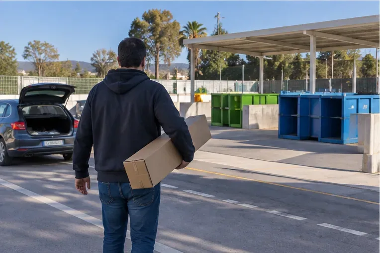 Persona transportando una caja alargada con tubos fluorescentes hacia una zona de recepción de residuos, como apoyo visual al ejemplo ficticio