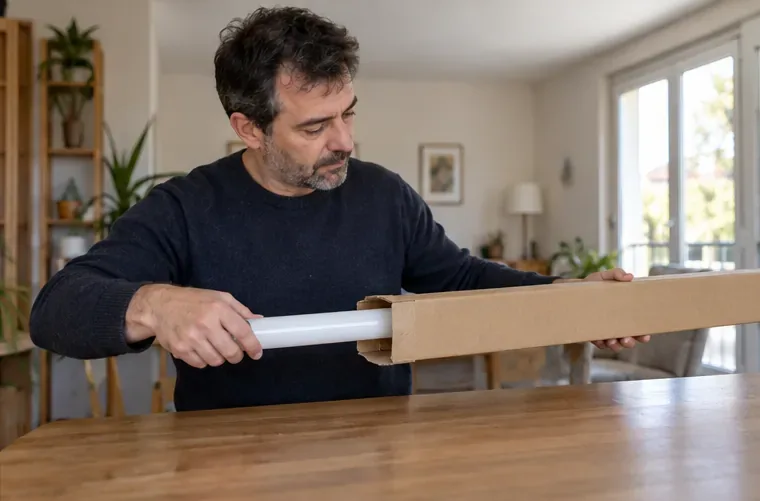Un hombre introduce despacio un tubo fluorescente intacto en una funda larga de cartón para protegerlo.